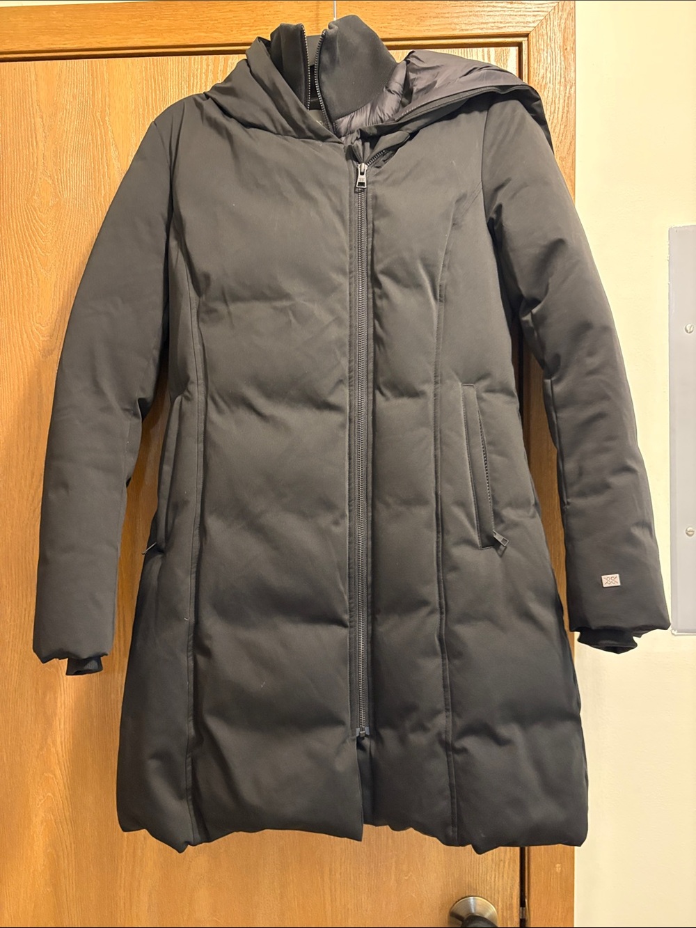 Soia & Kyo Black Long Hooded Puffer Coat down filled. Med